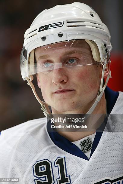 Steven Stamkos of the Tampa Bay Lightning looks on from the bench during the game against the Vancouver Canucks at General Motors Place on February...