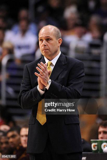 Head coach of the Arizona State Sun Devils, Herb Sendek, stands on the sideline during their game against the Washington Huskies in the Pacific Life...