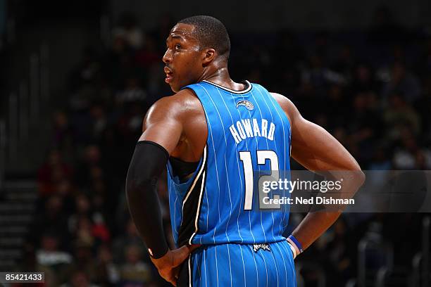 Dwight Howard of the Orlando Magic during a break of play against the Washington Wizards at the Verizon Center on March 13, 2009 in Washington, DC....