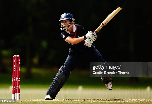 Beth Morgan of England bats during the ICC Women's World Cup 2009 Super Six match between New Zealand and England at Bankstown Oval on March 14, 2009...