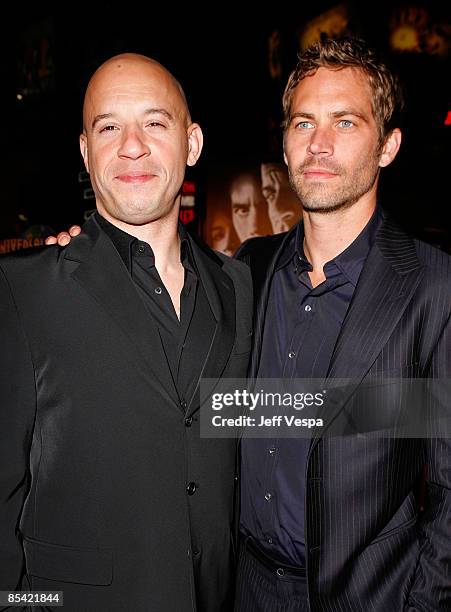 Actors Vin Diesel and Paul Walker arrive on the red carpet of the Los Angeles premiere of "Fast & Furious" held at the Gibson Amphitheatre on March...