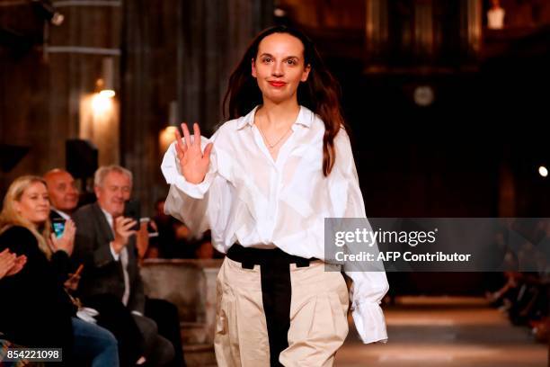 Fashion designer Christelle Kocher for Koche acknowledges the audience at the end of the women's 2018 Spring/Summer ready-to-wear collection fashion...