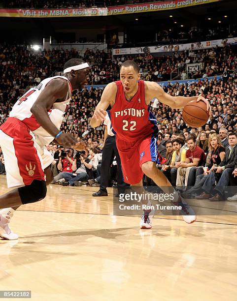Tayshaun Prince of the Detroit Pistons looks to drive to the rim past Pops Mensah-Bonsu of the Toronto Raptors during a game on March 13, 2009 at the...