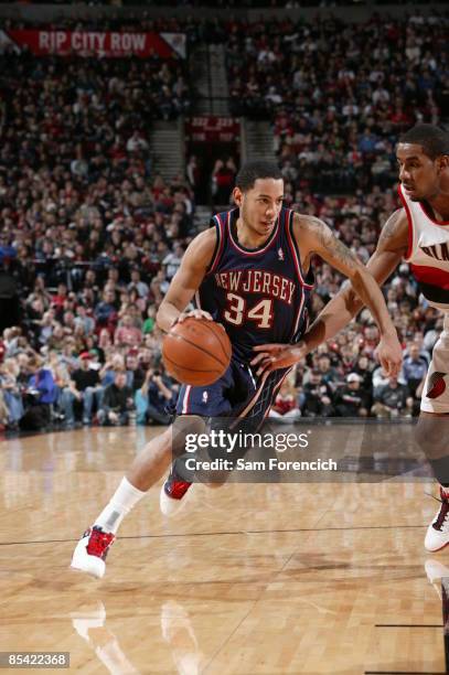 Devin Harris of the New Jersey Nets drives to the hoop during a game against the Portland Trail Blazers on March 13, 2009 at the Rose Garden Arena in...