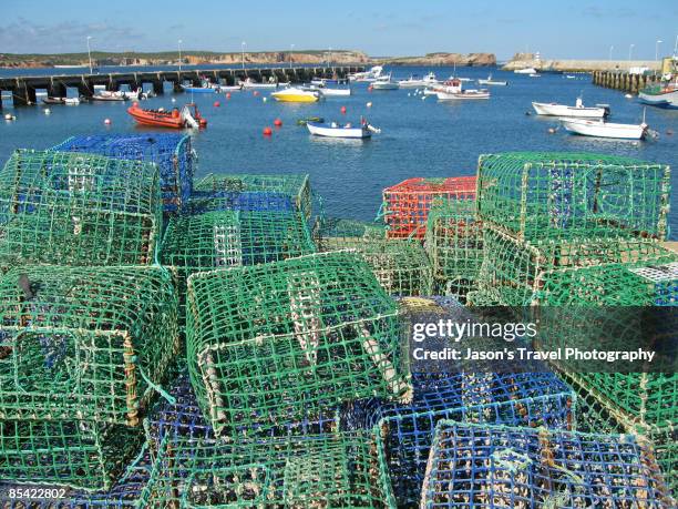 view of harbour and crab trap - algarve crab stock pictures, royalty-free photos & images