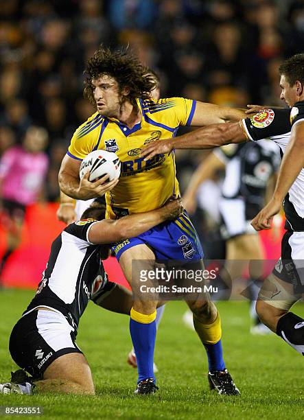 Nathan Hindmarsh of the Eels looks for support during the round one NRL match between the Warriors and the Parramatta Eels at Mt Smart Stadium on...
