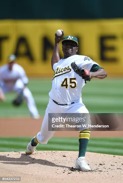 Jharel Cotton of the Oakland Athletics pitches against the Texas Rangers in the top of the first inning at Oakland Alameda Coliseum on September 24,...