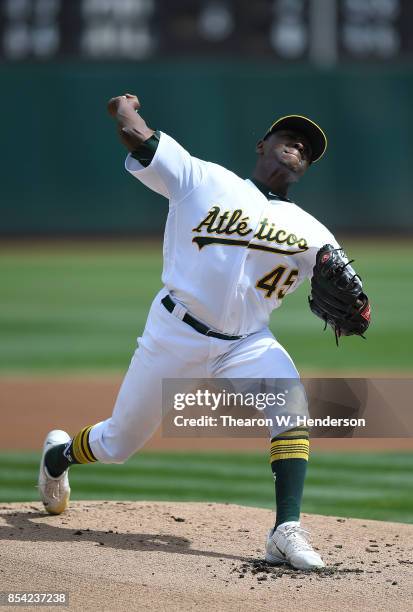 Jharel Cotton of the Oakland Athletics pitches against the Texas Rangers in the top of the first inning at Oakland Alameda Coliseum on September 24,...