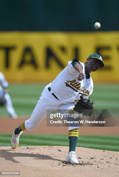 Jharel Cotton of the Oakland Athletics pitches against the Texas Rangers in the top of the first inning at Oakland Alameda Coliseum on September 24,...