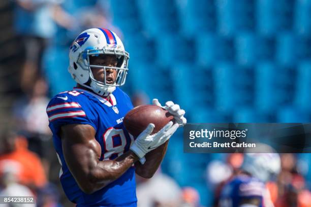 Charles Clay of the Buffalo Bills catches a pass during warm ups before the game against the Denver Broncos on September 24, 2017 at New Era Field in...