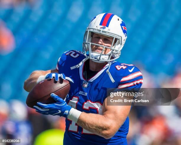 Patrick DiMarco of the Buffalo Bills catches a pass during warm ups before the game against the Denver Broncos on September 24, 2017 at New Era Field...