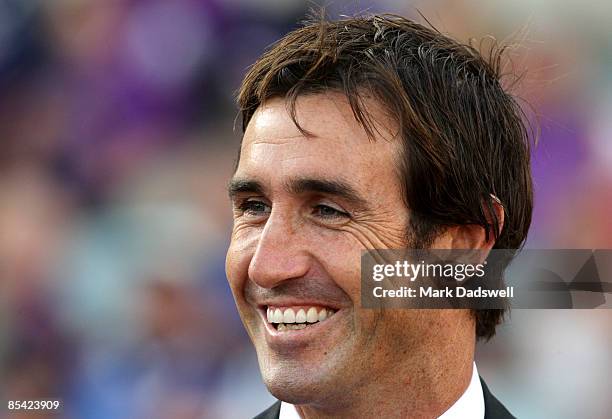 Channel 9 commentator and former rugby leage player Andrew Johns is seen before the round one NRL match between the Melbourne Storm and the St George...