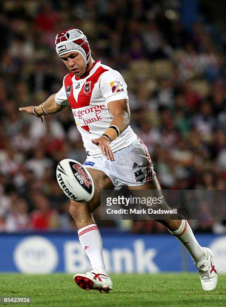 Jamie Soward of the Dragons kicks the ball during the round one NRL match between the Melbourne Storm and the St George Illawarra Dragons at Olympic...