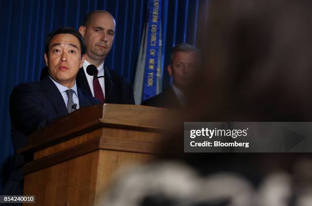 Joon Kim, acting U.S. Attorney for the Southern District of New York, speaks during a news conference in New York, U.S., on Tuesday, Sept. 26, 2017....