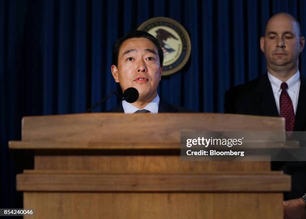 Joon Kim, acting U.S. Attorney for the Southern District of New York, speaks during a news conference in New York, U.S., on Tuesday, Sept. 26, 2017....