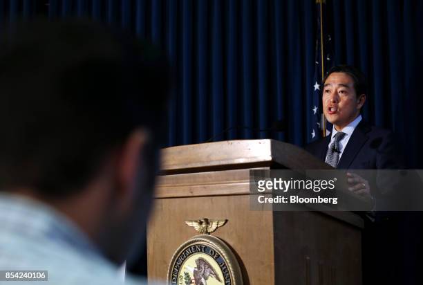 Joon Kim, acting U.S. Attorney for the Southern District of New York, speaks during a news conference in New York, U.S., on Tuesday, Sept. 26, 2017....