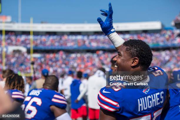 Jerry Hughes of the Buffalo Bills waves to the stands before the game against the Denver Broncos on September 24, 2017 at New Era Field in Orchard...