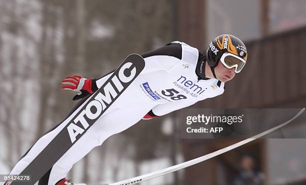 Bill Demong of the United States competes in the Men's Ski Jumping event, part of the Nordic Combined World Cup in Vikersund, on March 14, 2009 in...