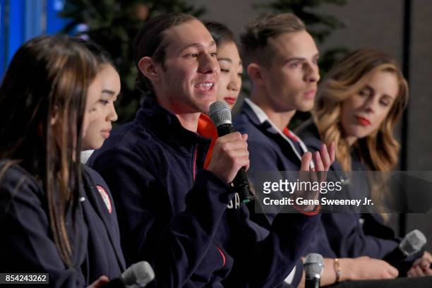 Figure skater Jason Brown addresses the media during the Team USA Media Summit ahead of the PyeongChang 2018 Olympic Winter Games on September 25,...