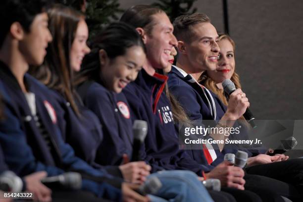 Figure skater Adam Rippon addresses the media during the Team USA Media Summit ahead of the PyeongChang 2018 Olympic Winter Games on September 25,...