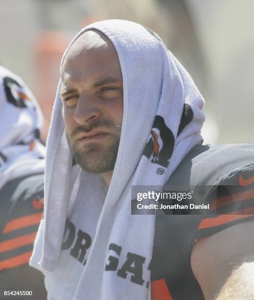 Kyle Long of the Chicago Bears tries to stay cool on the bench during a game against the Pittsburgh Steelers at Soldier Field on September 24, 2017...