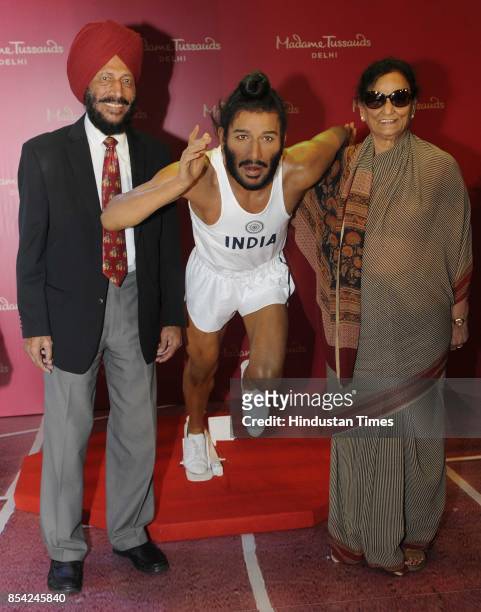 Legendary athlete Milkha Singh with wife Nirmal Kaur unveils his wax statue for Madame Tussauds Museum on September 26, 2017 in Chandigarh, India....