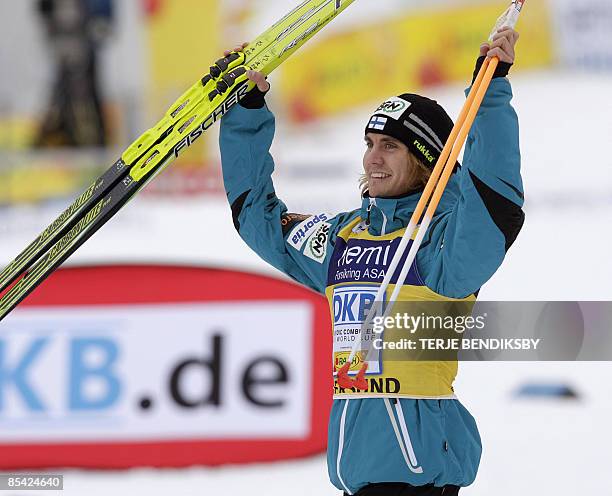 Annsi Koivuranta of Finland celebrates after winning the Men's FIS World Cup Nordic Combined event in Vikersund, on March 14, 2009. AFP PHOTO -...