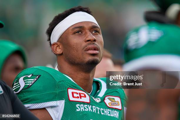 Jeff Knox Jr. #49 of the Saskatchewan Roughriders on the sideline during the game between the Calgary Stampeders and Saskatchewan Roughriders at...