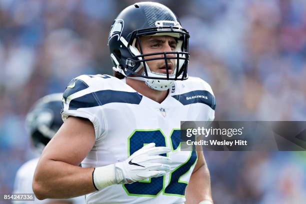 Luke Willson of the Seattle Seahawks jogs off the field during a game against the Tennessee Titans at Nissan Stadium on September 24, 2017 in...