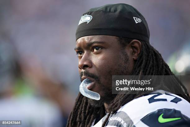 Eddie Lacy of the Seattle Seahawks on the sidelines during a game against the Tennessee Titans at Nissan Stadium on September 24, 2017 in Nashville,...