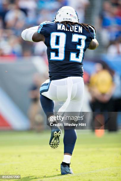 Erik Walden of the Tennessee Titans celebrates after sacking the quarterback during a game against the Seattle Seahawks at Nissan Stadium on...