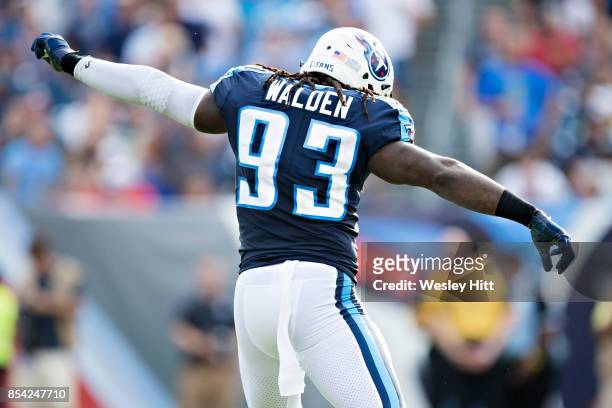 Erik Walden of the Tennessee Titans celebrates after sacking the quarterback during a game against the Seattle Seahawks at Nissan Stadium on...