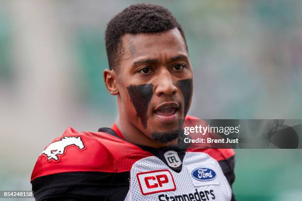 Tommie Campbell of the Calgary Stampeders on the sideline during the game between the Calgary Stampeders and Saskatchewan Roughriders at Mosaic...