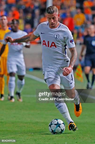 Tottenham Hotspur's Belgian defender Toby Alderweireld runs with the ball during the UEFA Champions League football match between Apoel FC and...