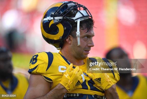 Connor Barwin of the Los Angeles Rams looks on during pregame warm ups prior to the start of an NFL football game against the San Francisco 49ers at...