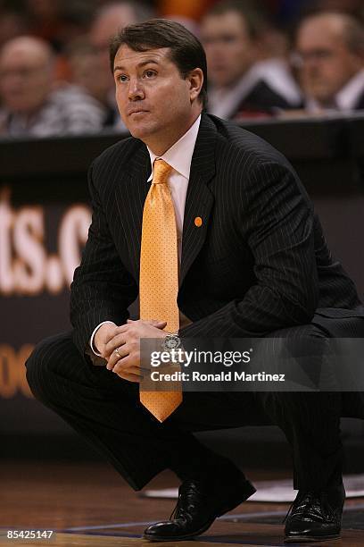 Head coach Travis Ford of the Oklahoma State Cowboys during the Phillips 66 Big 12 Men's Basketball Championship Semifinals at the Ford Center March...