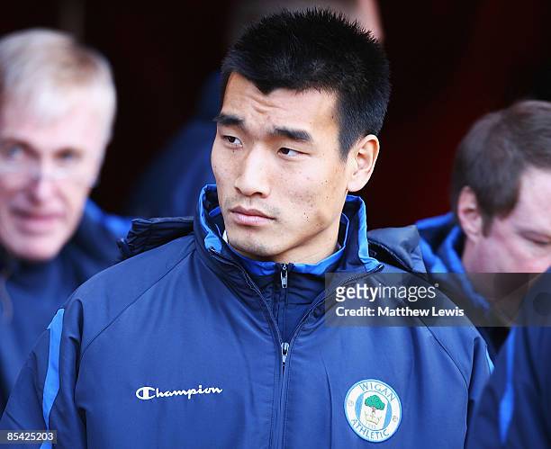 Won-Hee Cho, new signing of Wigan Athletic looks on from the bench during the Barclays Premier League match between Sunderland and Wigan Athletic at...