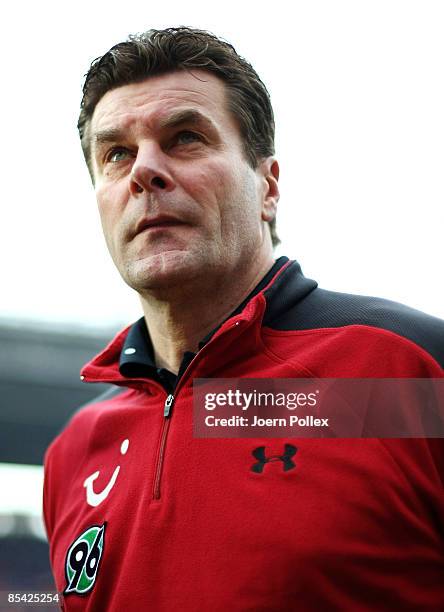 Head coach Dieter Hecking of Hannover looks on prior to the Bundesliga match between Hannover 96 and Borussia Dortmund at the AWD Arena on March 14,...