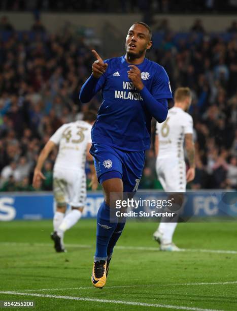 Cardiff player Kenneth Zahore celebrates after scoring the opening goal during the Sky Bet Championship match between Cardiff City and Leeds United...