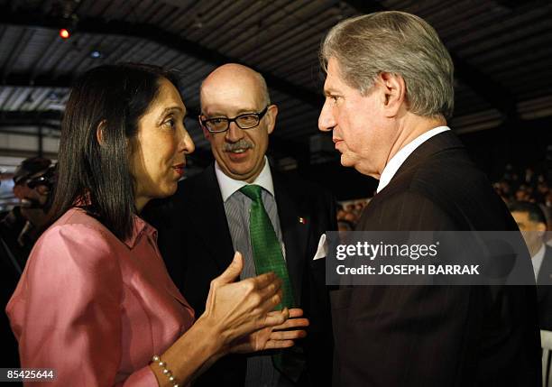 Former Lebanese president Amine Gemayel listens to US ambassador to Lebanon Michele Sison as they attend a gathering to officially launch the March...