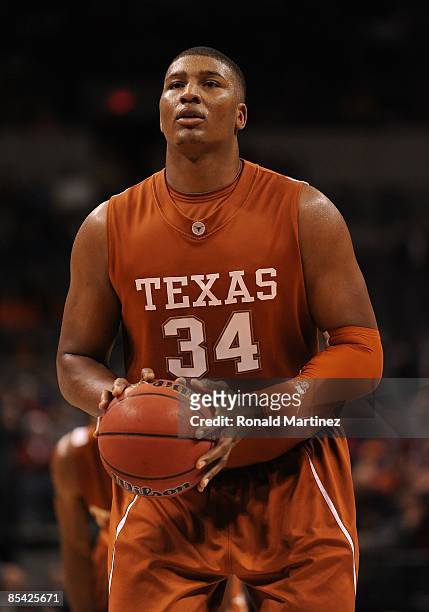 Dexter Pittman of the Texas Longhorns during the Phillips 66 Big 12 Men's Basketball Championship Quarterfinals at the Ford Center March 12, 2009 in...
