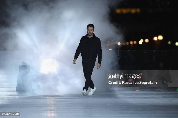 Fashion designer Anthony Vaccarello is seen on the runway during the Saint Laurent show as part of the Paris Fashion Week Womenswear Spring/Summer...