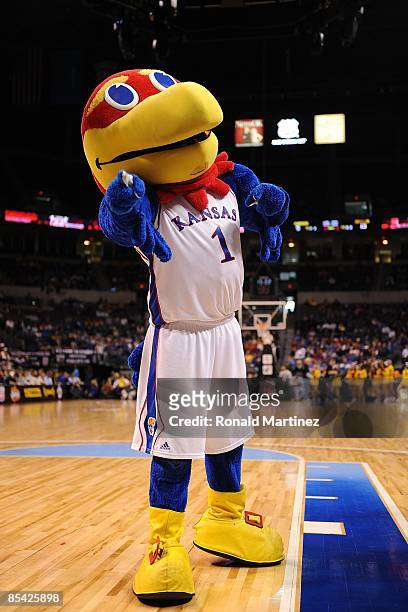 The Kansas Jayhawks mascot during the Phillips 66 Big 12 Men's Basketball Championship Quarterfinals at the Ford Center March 12, 2009 in Oklahoma...