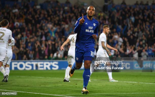 Cardiff player Kenneth Zohore celebrates after scoring the opening goal during the Sky Bet Championship match between Cardiff City and Leeds United...