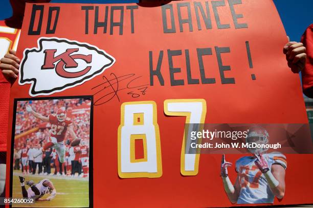 Kansas City Chiefs fans in stands holding sign reading DO THAT DANCE KELCE! during game vs Los Angeles Chargers at StubHub Center. Carson, CA...