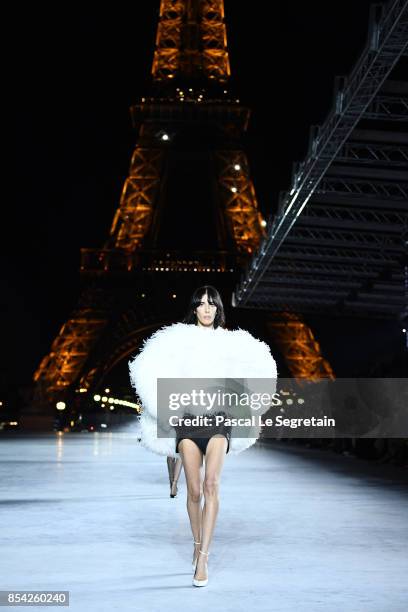 Maria Clara Boscono walks the runway during the Saint Laurent show as part of the Paris Fashion Week Womenswear Spring/Summer 2018 on September 26,...