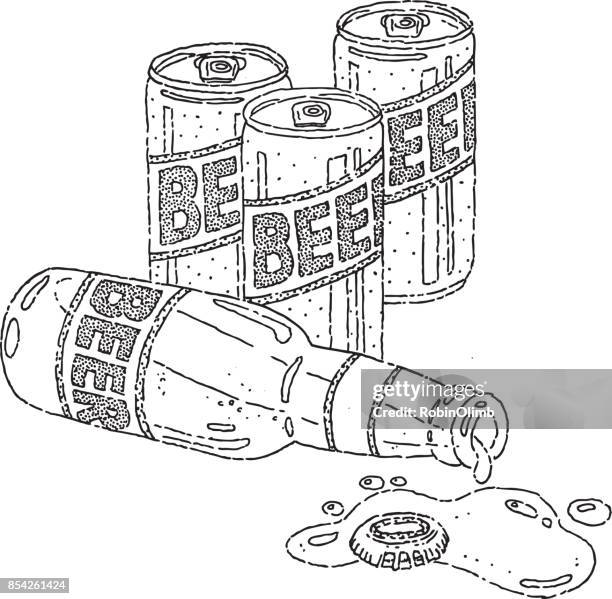 stockillustraties, clipart, cartoons en iconen met bierblikjes en fles doodle - cartoon beer bottles