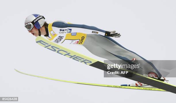 Austrian Gregor Schlierenzauer competes in the men's team ski jumping at the FIS Nordic World Cup Ski Championships in Vikersund on March 14, 2009....