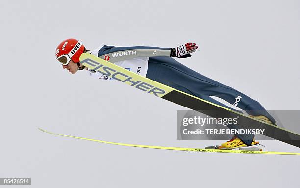 Germany's Michael Uhrmann competes in the men's team ski jumping at the FIS Nordic World Cup Ski Championships in Vikersund on March 14, 2009. AFP...