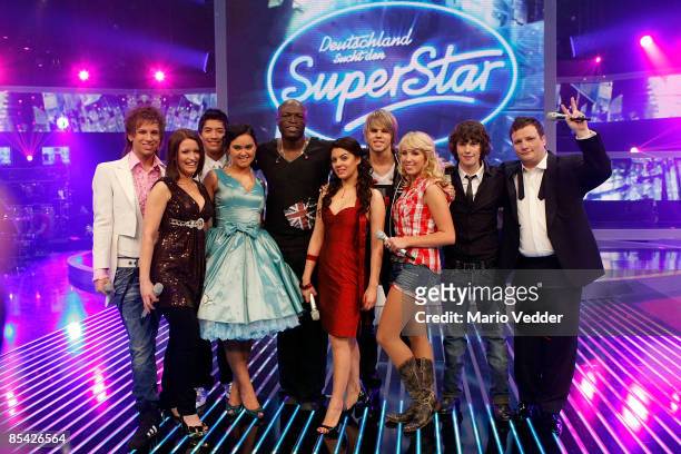 Singer Seal and the German superstar candidates look on during a photo call after the rehearsel for the singer qualifying contest DSDS 'Deutschland...